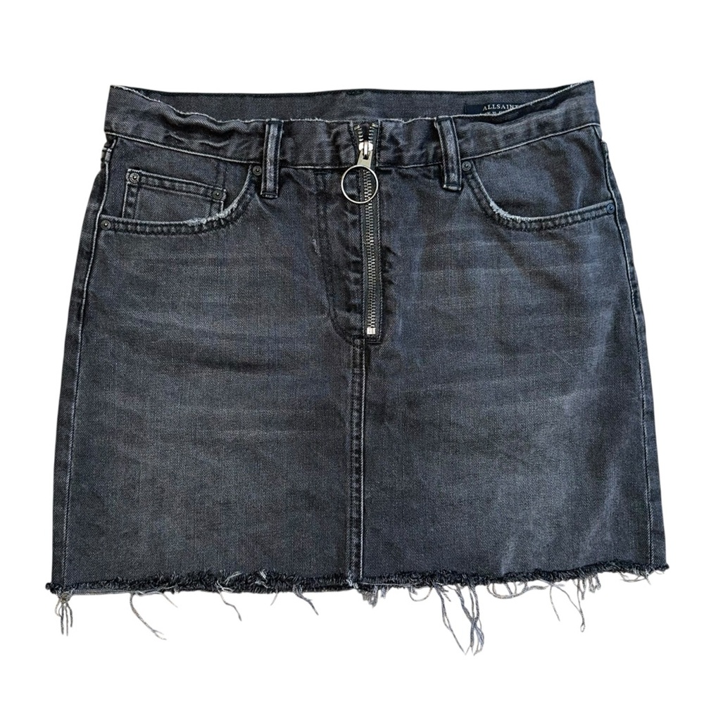 All Saints Faded Gray-ish Black 100% Cotton Raw Hem Jasper Denim Mini Skirt US 6